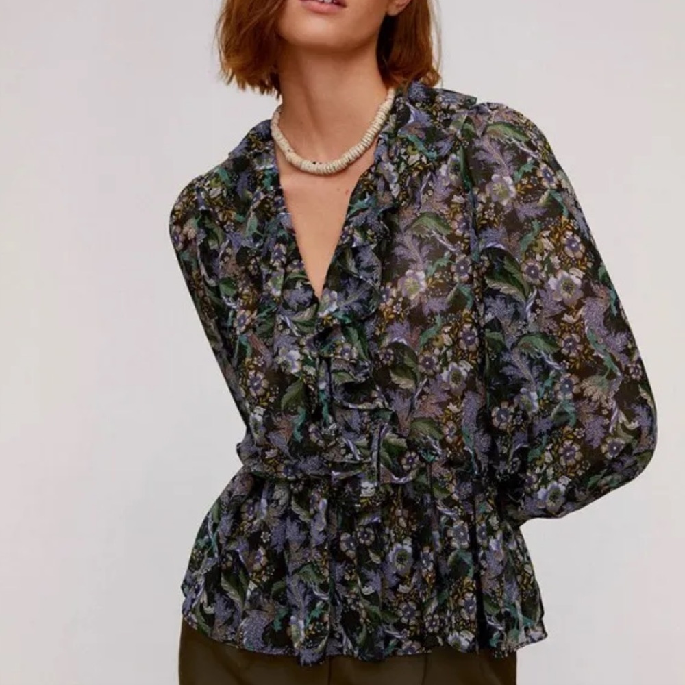 Mango woman’s multicolor floral sheer ruffle long sleeve blouse top